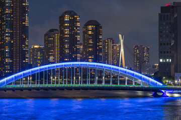 日本　東京都中央区の隅田川大橋から眺める月島のマンション群の夜景とライトアップされた永代橋