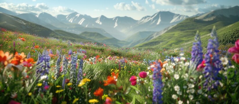 Selective focus on eremurus sage and meadow grasses in a vibrant meadow on hillside with mountains in the background Ideal for copy space image