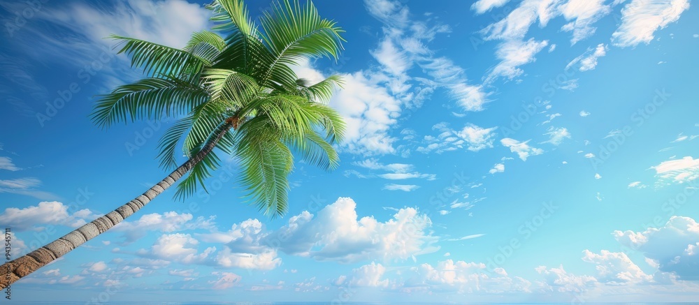 Poster a palm tree with green leaves swaying in the wind against a backdrop of a clear blue sky perfect for