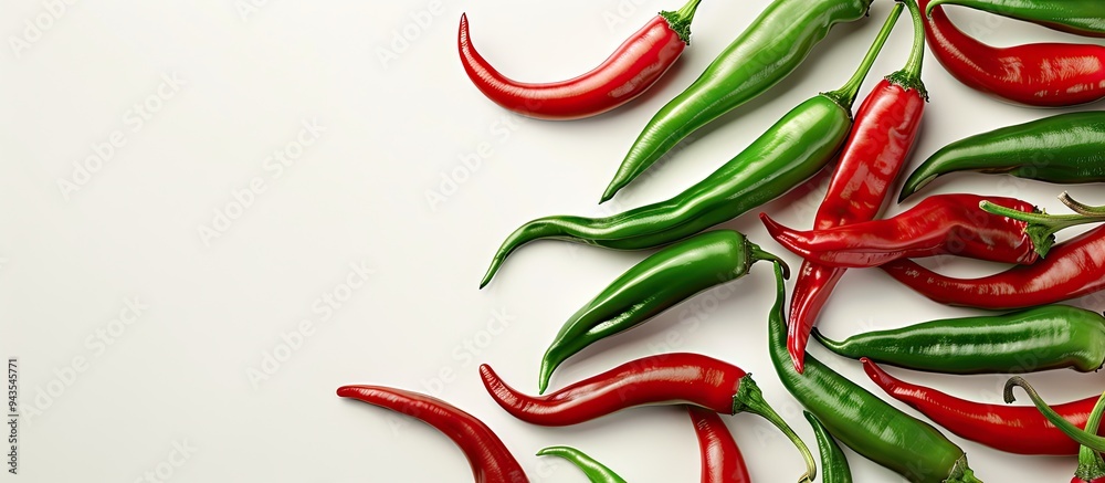 Poster mixed red and green hot chili peppers suitable for sambal or chili sauce on white background in a ho
