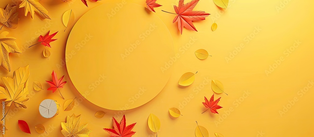 Canvas Prints autumn themed decorations on paper circle against yellow background with copy space image
