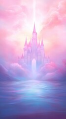 A castle with a pink sky and a blue ocean in the background