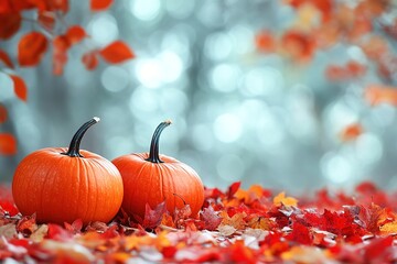 Autumn Thanksgiving day background. Halloween Pumpkins, patch. Beauty Holiday autumn festival concept. Fall scene. Orange pumpkin over beauty bright autumnal nature background. Harvest