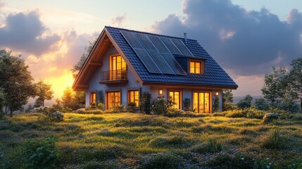 A home equipped with solar panels stands surrounded by nature as the sun sets, promoting energy efficiency and sustainability.