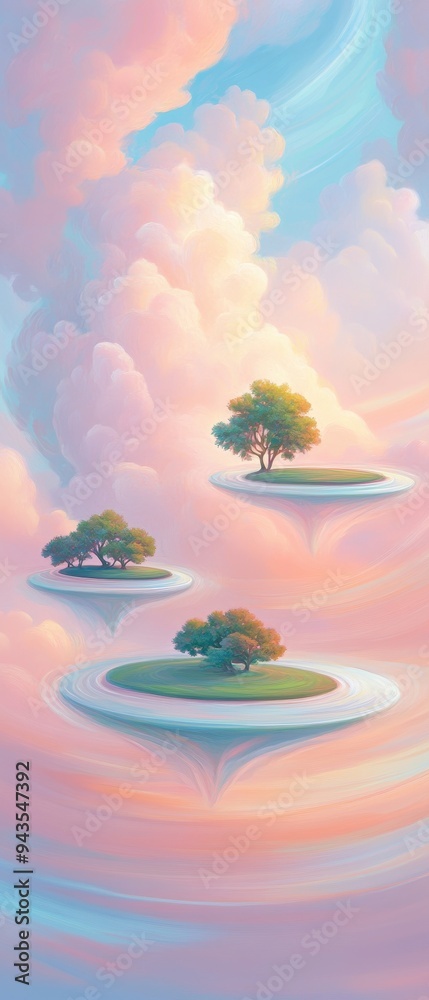 Canvas Prints a painting of three trees floating in the sky