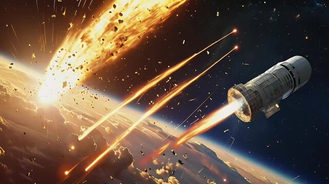 A spacecraft evading a fiery asteroid impact in space.
