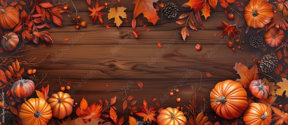 Aufkleber A fall themed arrangement with pumpkins and colorful leaves on a rustic brown wooden backdrop perfect for adding text or graphics with copy space image