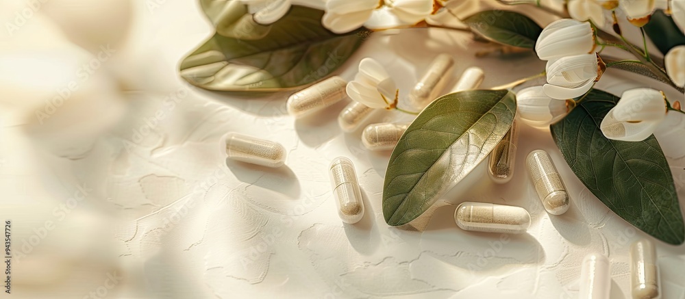 Poster Soft focus close up of Ashwagandha Withania somnifera capsules against a paper background with copy space image