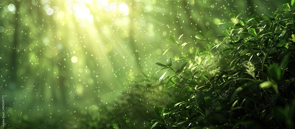 Poster spate of peaceful woodland scene showing sunlight filtering through a dense green forest emphasizing