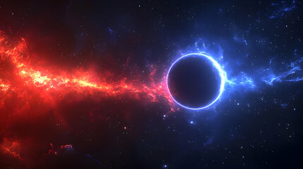 A cosmic ring of light separates a fiery red nebula from a cool blue nebula in a dark starry sky.