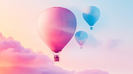 Obraz premium Double exposure of hot air balloons gently rising in a pastel dawn, fused with soft clouds, evoking a sense of wonder and tranquility