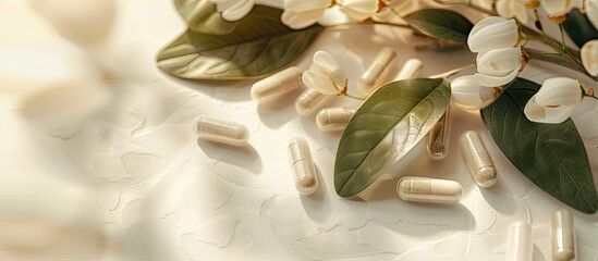 Soft focus close up of Ashwagandha Withania somnifera capsules against a paper background with copy space image