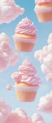 A pink cupcake with frosting and a pink cloud in the background