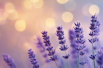 Purple lavender flowers blooming with soft bokeh background during golden hour, creating a serene and calming atmosphere