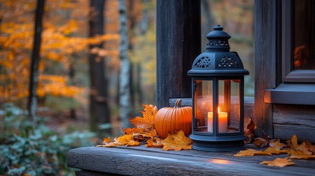 Warm lantern glowing beside a pumpkin on a wooden porch surrounded by autumn leaves in a serene forest setting
