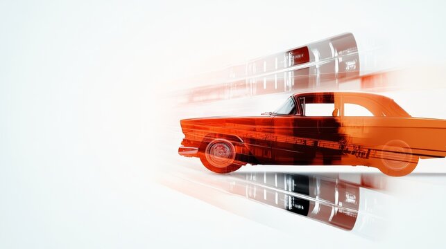 Double exposure of a vintage car against a backdrop of nostalgic film reels, blending automotive history with timeless memories