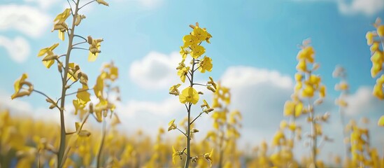 Close up image of ripe rapeseed plant pods in a mustard field with a backdrop of the blue sky boasting copy space image