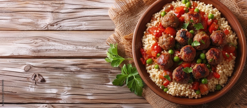 Aufkleber A delicious and fresh meal featuring couscous with meatballs in vegetable sauce set on a rustic table with a top view copy space image ideal for keto or paleo diets