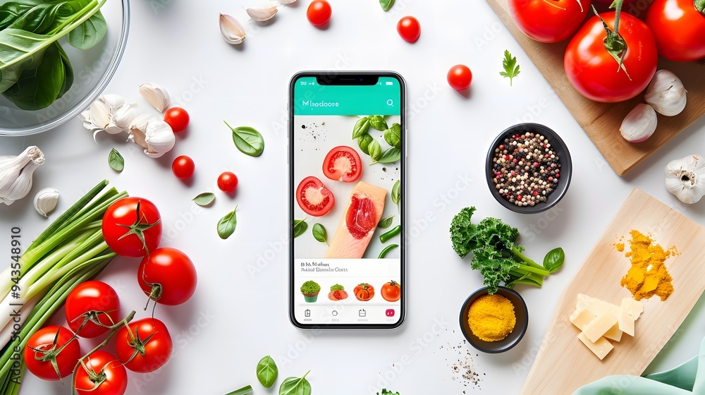 Wall mural modern recipe app interface displayed on a smartphone, the app features elements like recipe