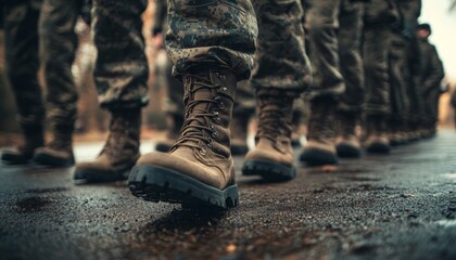 Close up photography of a uniformed army marching in formation with boots on display