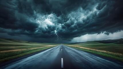 5. A long, straight road leading towards a menacing storm front, with dramatic, swirling dark clouds and occasional flashes of lightning illuminating the path ahead. The scene conveys the sense of