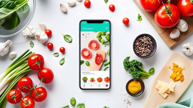 modern recipe app interface displayed on a smartphone, The app features elements like recipe