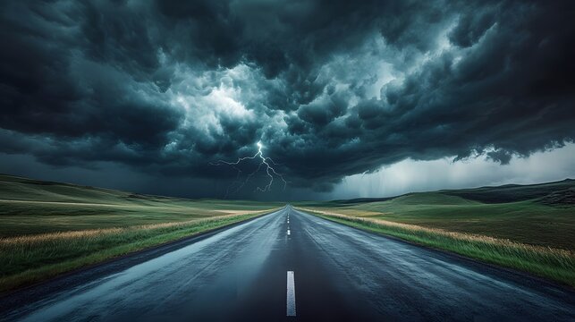 5. A long, straight road leading towards a menacing storm front, with dramatic, swirling dark clouds and occasional flashes of lightning illuminating the path ahead. The scene conveys the sense of