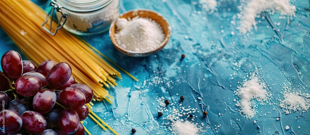 Poster ingredients for cooking present in an image of italian red grape spaghetti penne pasta salt flour an