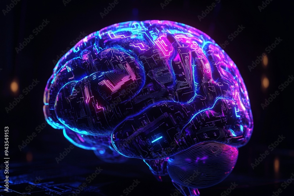 Poster creating a digital ai electronic brain made out of metallic material and neon light. using a neural 