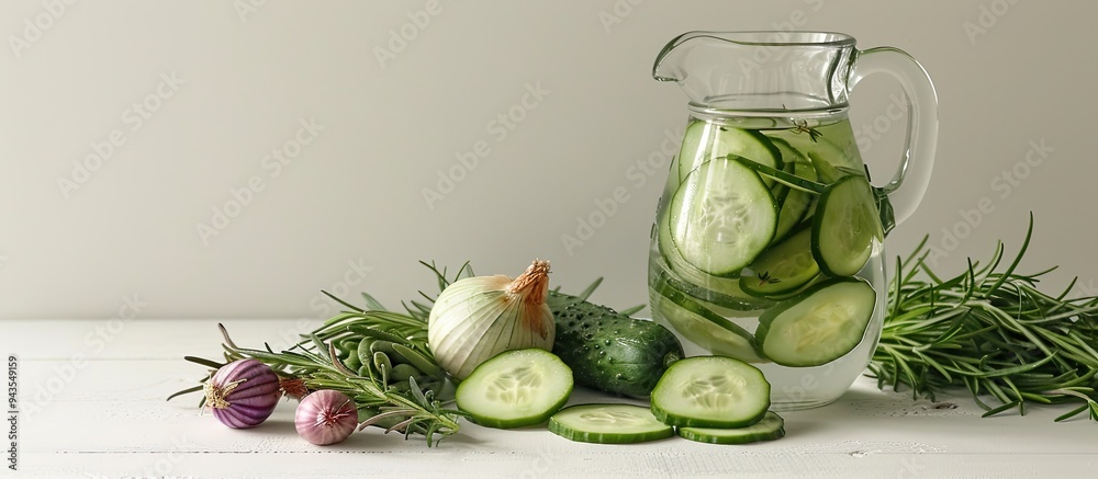 Aufkleber a jug of cucumber water with rosemary sits alongside vegetables on a white table providing ample spa