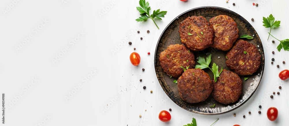 Aufkleber A rustic plate with fried pork and beef meat cutlets or patties on a white background viewed from the top with copy space image