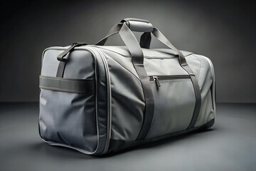 Naklejka premium Close up gym travel bag isolated mockup on grey background. Grey bag mock up template.