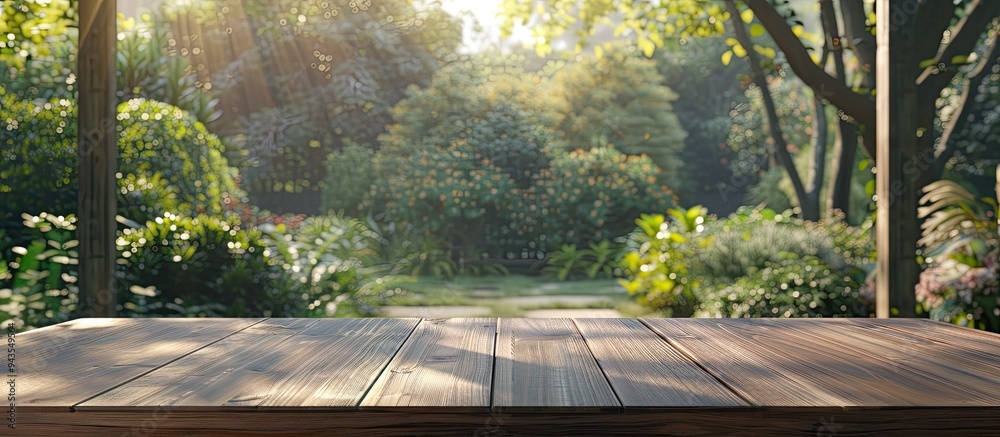 Poster wooden table providing copy space image against blurred garden view from a home window ideal for sho