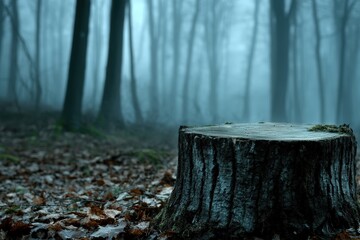 Moody image of an old, weathered tree stump surrounded by fallen autumn leaves in a foggy forest, creating a somber and mysterious atmosphere, reflecting nature's cycle.