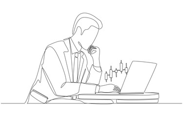 Continuous one line drawing of businessman looking at candlestick graph coming out of laptop screen, stock market or cryptocurrency investment concept, single line art.