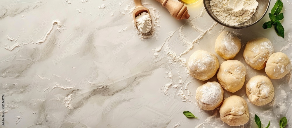 Aufkleber top view of raw dough balls ingredients and rolling pin on a light grey table with copy space image 