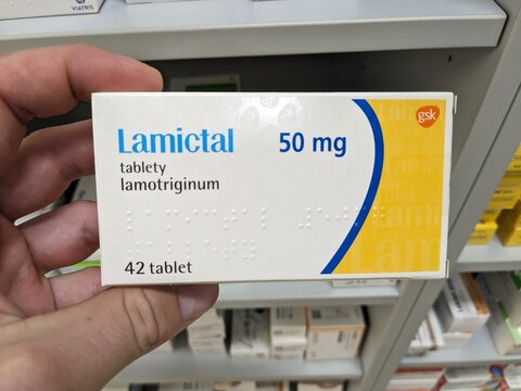 Prague, Czech Republic - August 28 2024: LAMICTAL box with LAMOTRIGINE active substance by GLAXOSMITHKLINE, used for treatment of epilepsy, bipolar disorder.