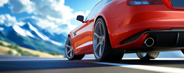 Red sports car driving on a mountain road.