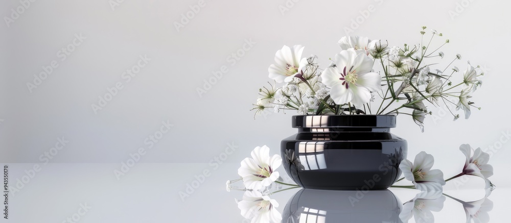 Poster cosmetic product display featuring aquilegia flowers reflected in a black mirrored jar set against a