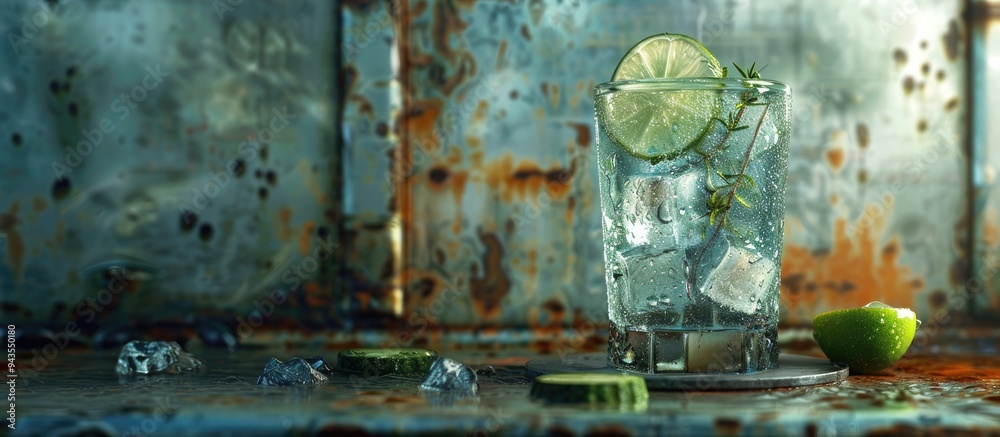 Poster a gin and tonic served in a misted glass on a weathered background garnished with lime cucumber and 