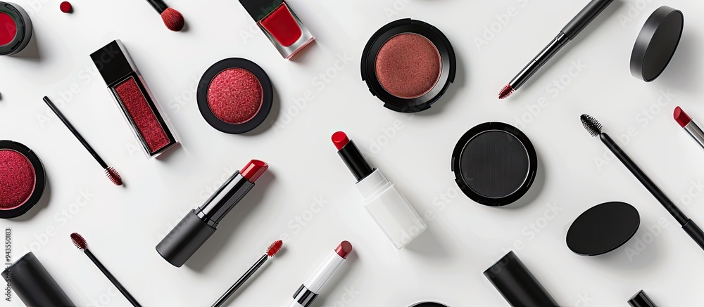 Leinwandbilder top view of beauty products like lipstick eyeshadow and mascara arranged surrounding a white backgro