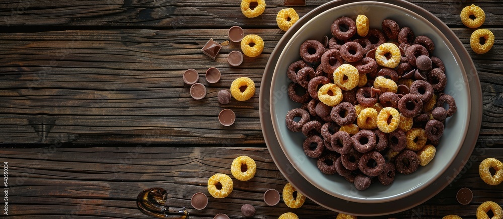 Poster natural cereal chocolate and corn rings served with milk in a plate on a rustic wooden background pe