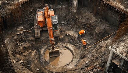Initial construction stage  digging pit and pouring concrete at a construction site