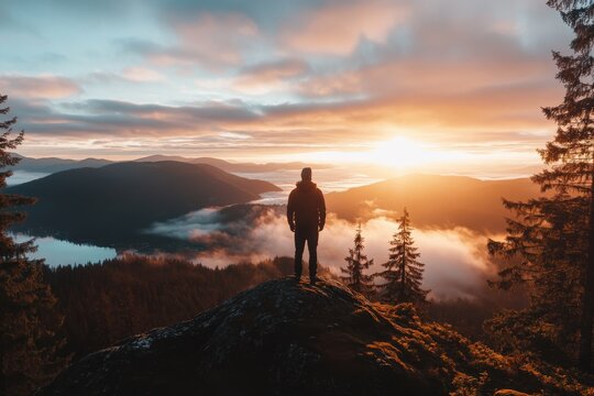 A lone person stands on a mountain peak overlooking a beautiful forested landscape with mist and warm colors of the sunset creating a serene and majestic view.