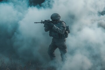 Naklejka premium Military soldier communicating with command center amidst smoke on the battlefield