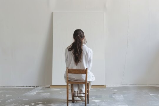 Empty white canvas with ample copy space in a girlish room featuring a pretty artist from behind.