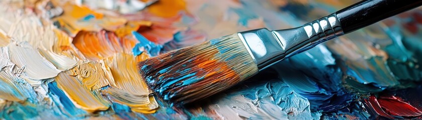 Fototapeta premium Paintbrush resting on a colorful palette, with an easel and canvas in the background, Artistic, Bright, Detailed
