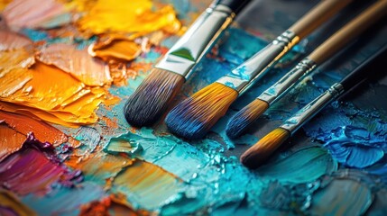 Obraz premium Palette filled with vibrant paints, ready for an artistic creation, with brushes nearby, Creative, Bright, Detailed
