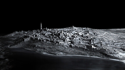 Technical aerial visual, 3D LiDAR GIS aerial map satellite scan model isolated, showing Gijn, Spain. Elevation, topography, render