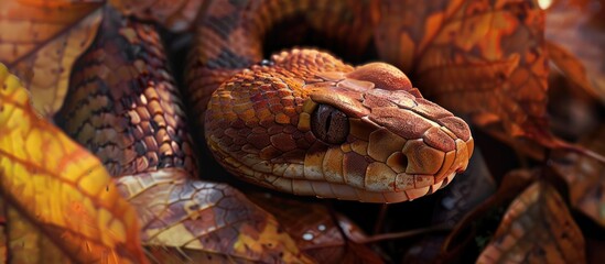 Fototapeta premium Copperhead snake shown in leaves with copy space image